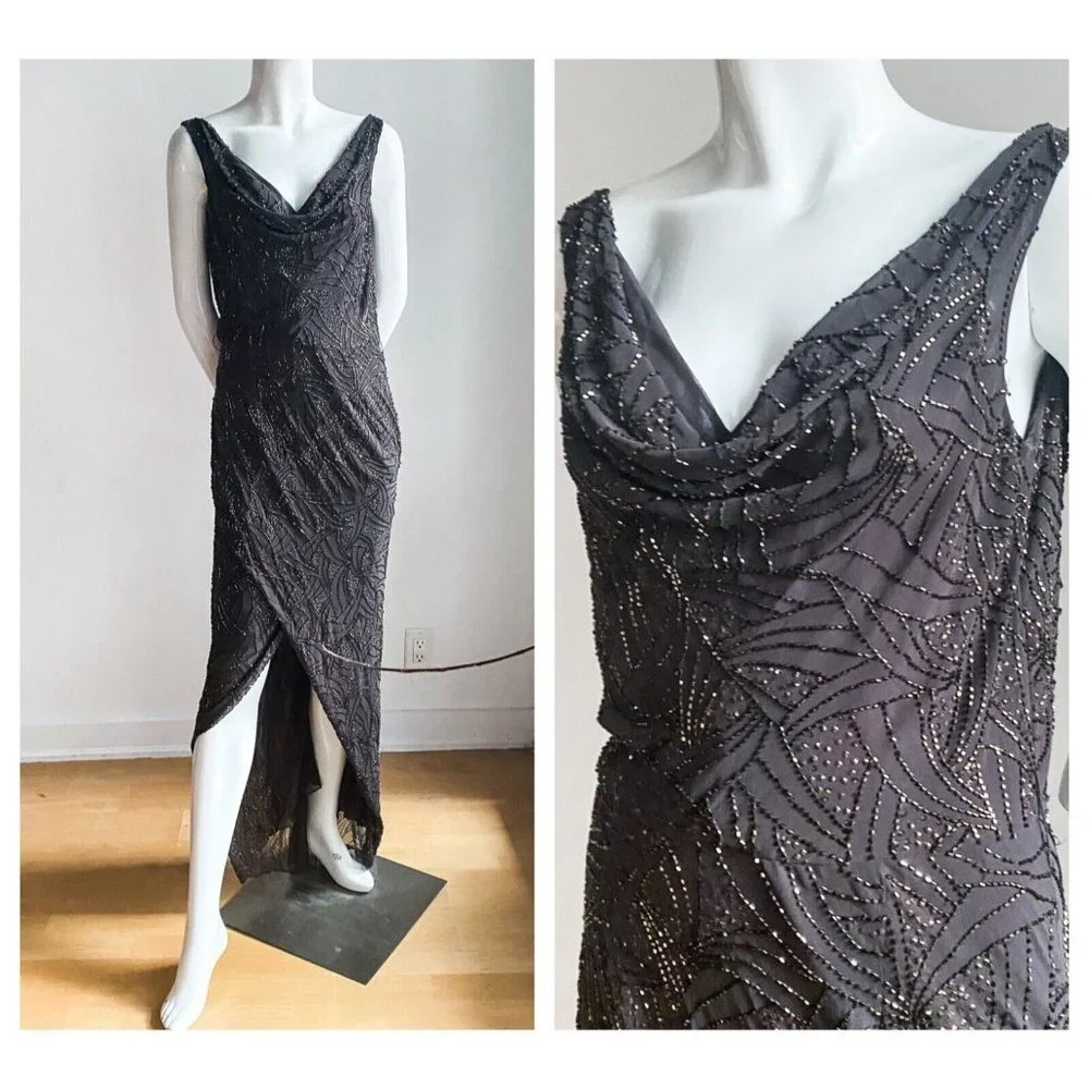 Frank Usher Sequin Embellished Bronze Asymmetrical Low BAck Cowl Neck Gown 8